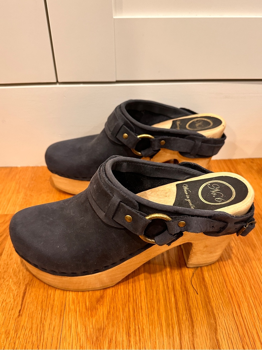 No. 6 Suede Slate Blue Wooden Clog with back strap women’s 8.5 EU39